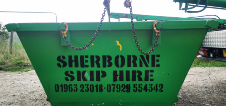 Sherborne Skip Hire information Printed on a skip