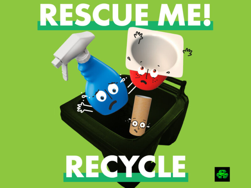 Recycle Week promotion picture green, featuring a bin with a yoghurt pot, toilt roll tube and spray bottle next to the text "Rescue Me! , Recycle".